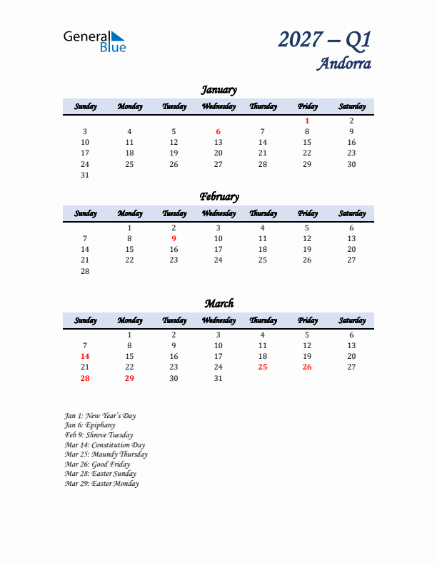 January, February, and March Calendar for Andorra with Sunday Start