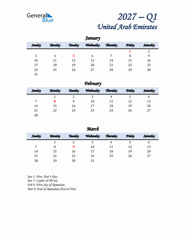 January, February, and March Calendar for United Arab Emirates with Sunday Start