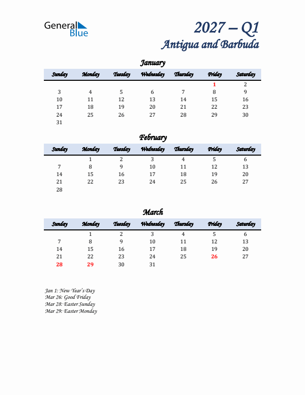 January, February, and March Calendar for Antigua and Barbuda with Sunday Start