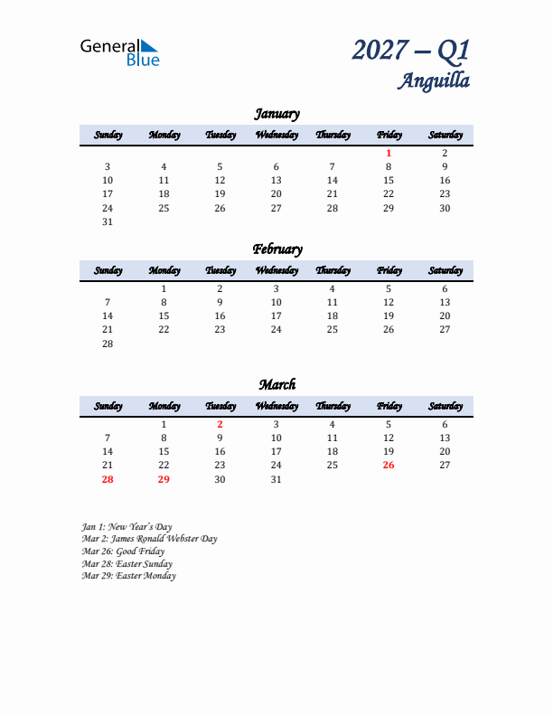 January, February, and March Calendar for Anguilla with Sunday Start