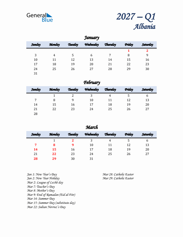 January, February, and March Calendar for Albania with Sunday Start