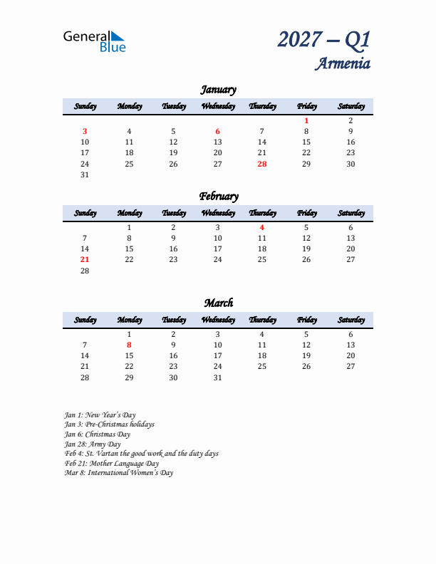 January, February, and March Calendar for Armenia with Sunday Start