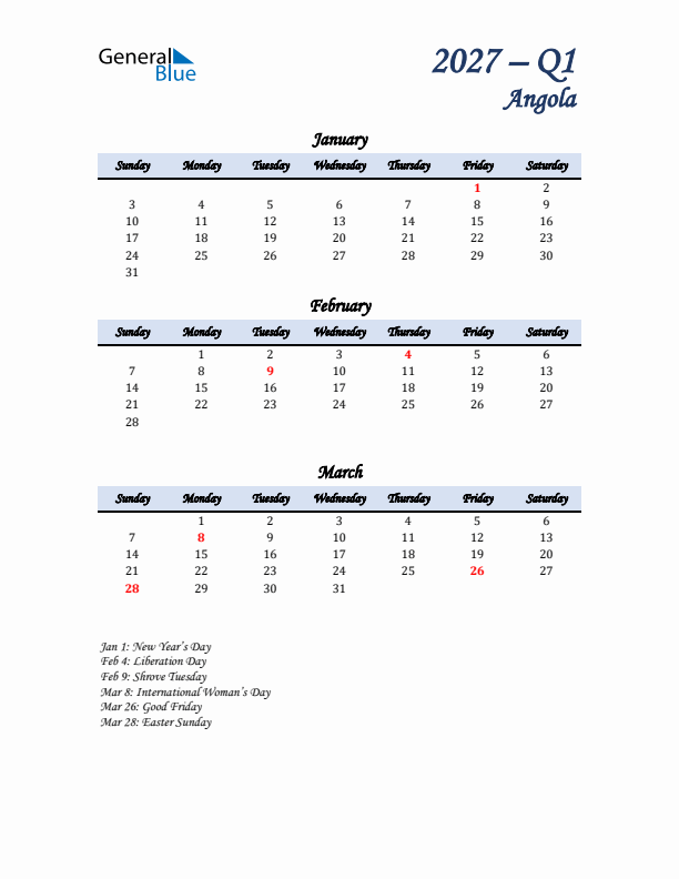 January, February, and March Calendar for Angola with Sunday Start