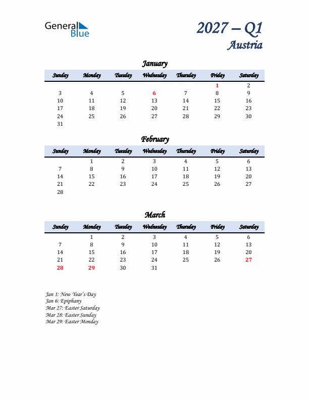 January, February, and March Calendar for Austria with Sunday Start