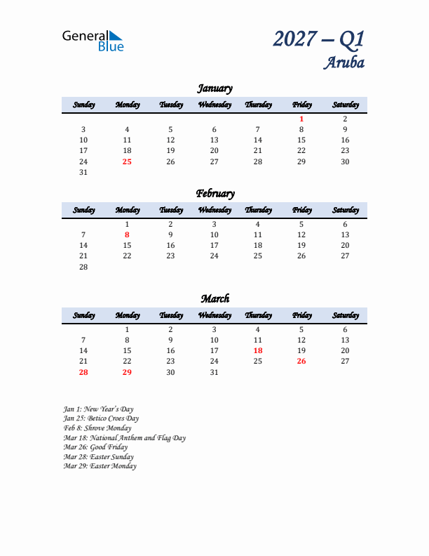 January, February, and March Calendar for Aruba with Sunday Start