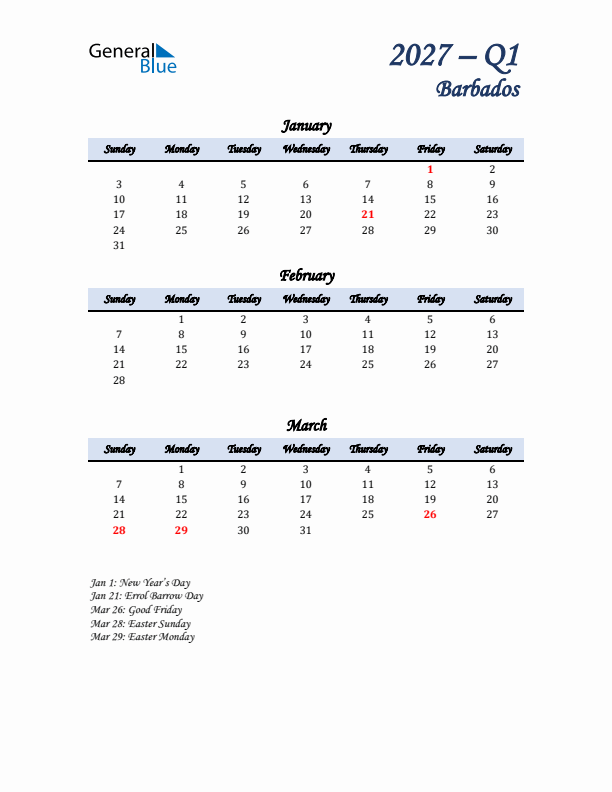 January, February, and March Calendar for Barbados with Sunday Start