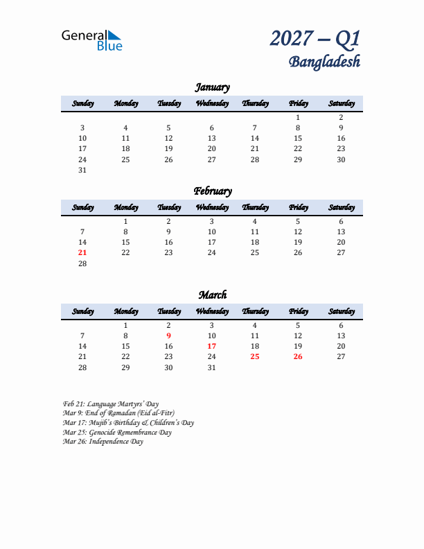 January, February, and March Calendar for Bangladesh with Sunday Start