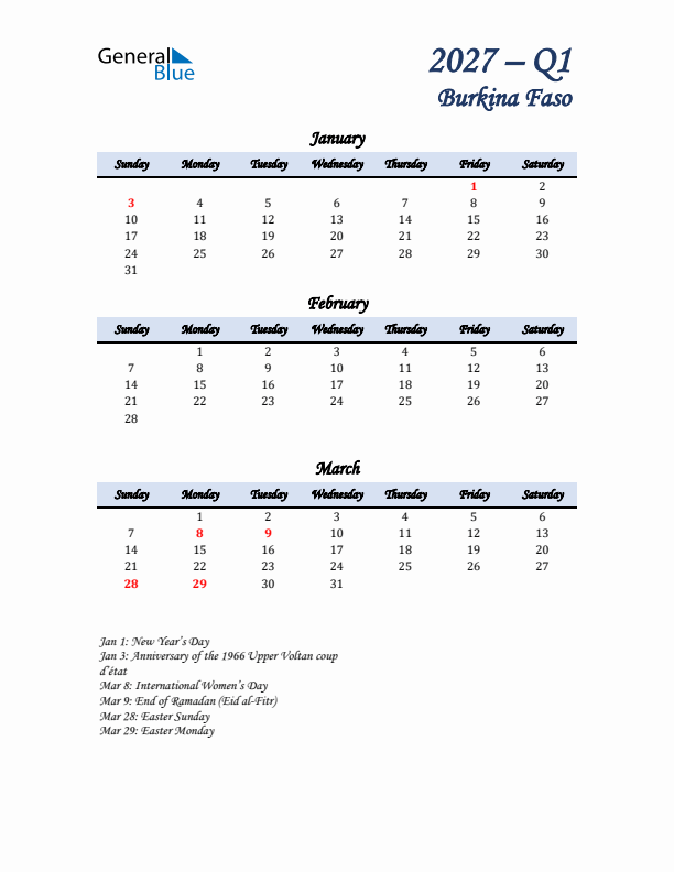 January, February, and March Calendar for Burkina Faso with Sunday Start