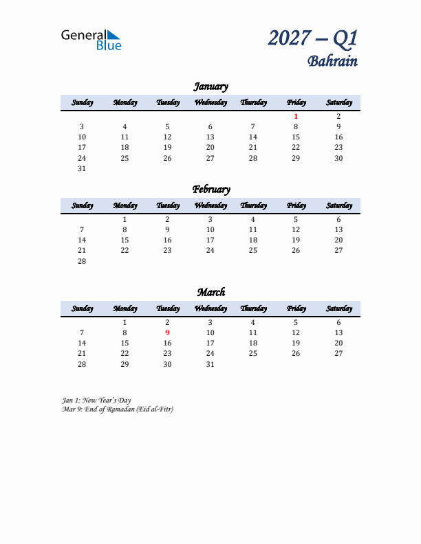 January, February, and March Calendar for Bahrain with Sunday Start