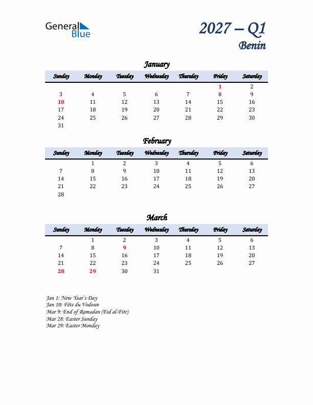 January, February, and March Calendar for Benin with Sunday Start