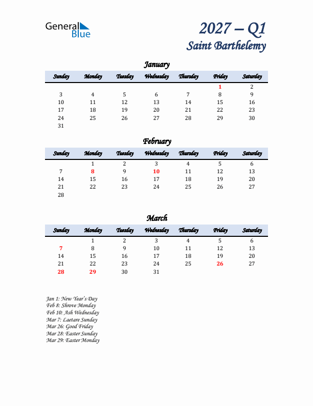 January, February, and March Calendar for Saint Barthelemy with Sunday Start