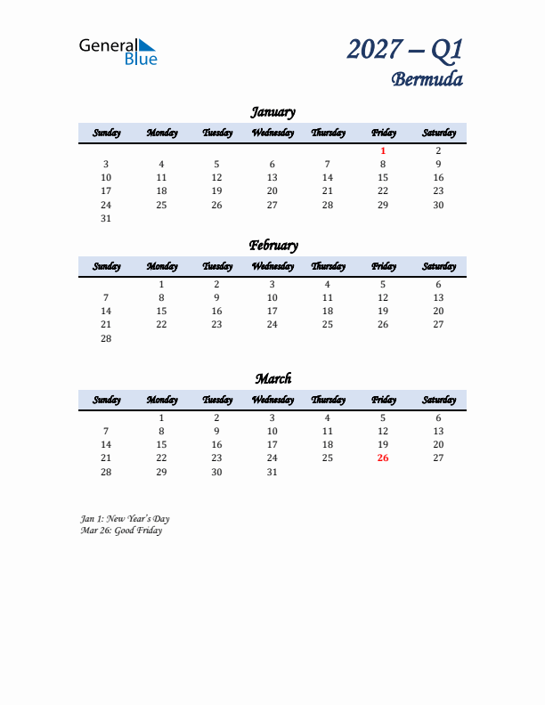 January, February, and March Calendar for Bermuda with Sunday Start