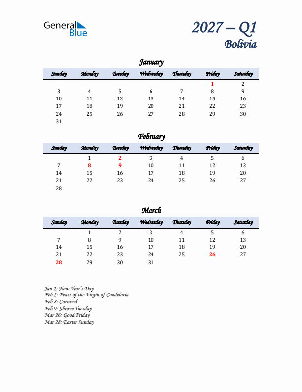 January, February, and March Calendar for Bolivia with Sunday Start