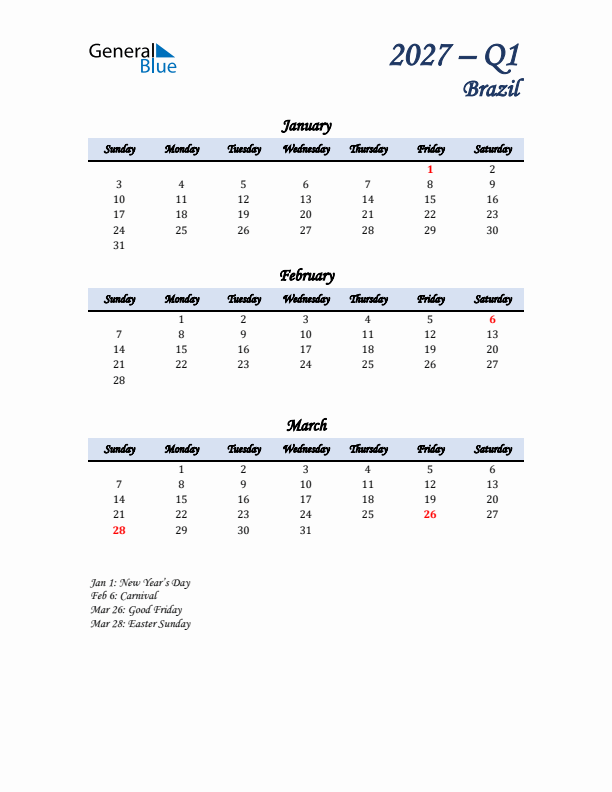 January, February, and March Calendar for Brazil with Sunday Start