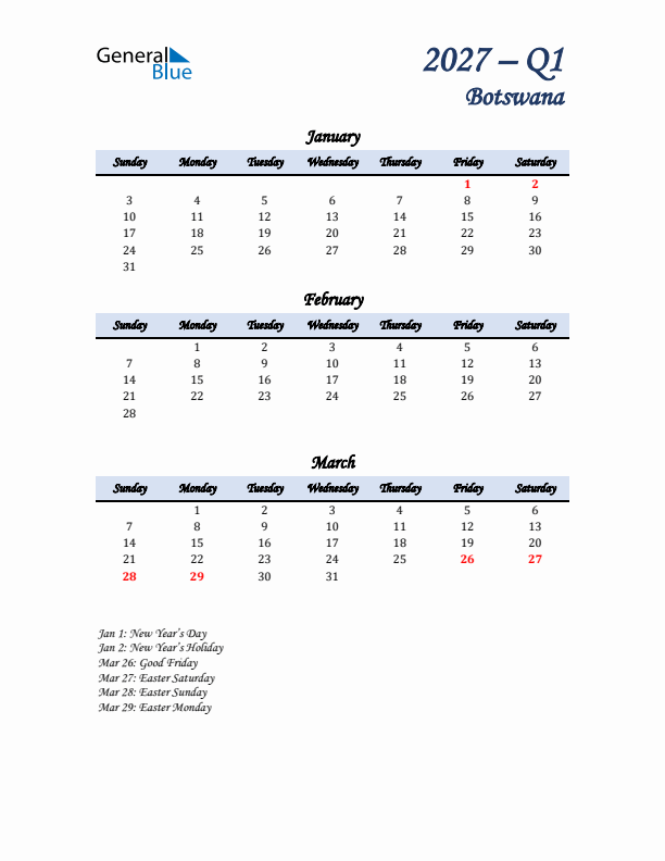 January, February, and March Calendar for Botswana with Sunday Start