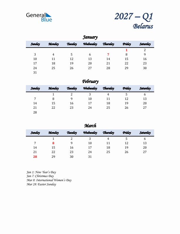 January, February, and March Calendar for Belarus with Sunday Start