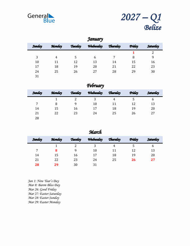 January, February, and March Calendar for Belize with Sunday Start