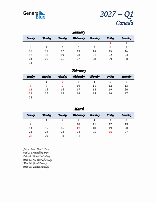 January, February, and March Calendar for Canada with Sunday Start