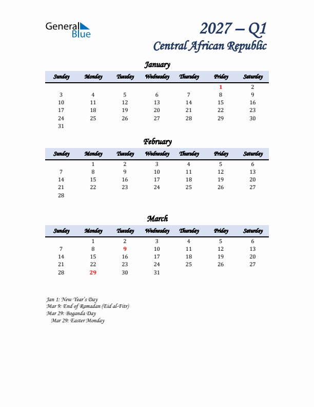 January, February, and March Calendar for Central African Republic with Sunday Start