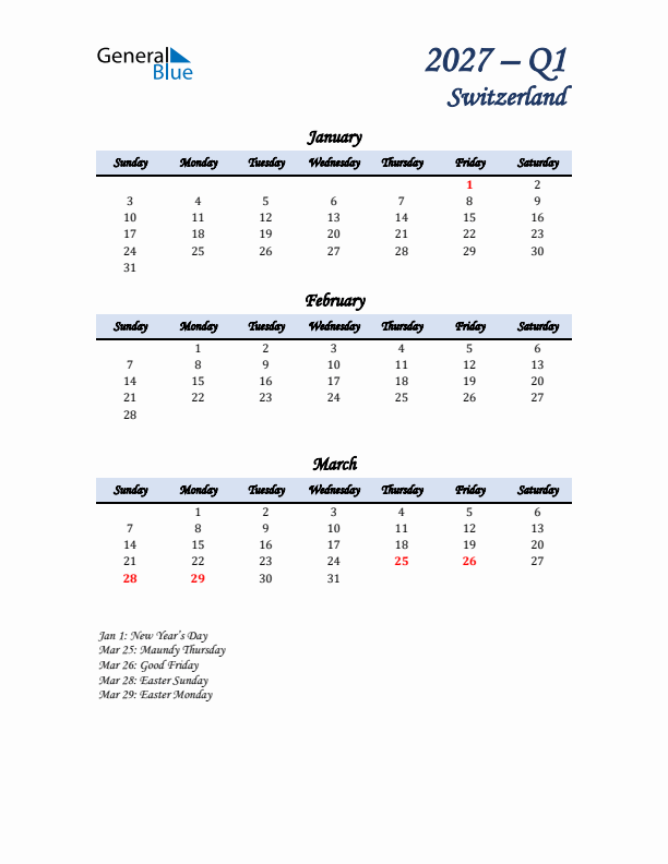 January, February, and March Calendar for Switzerland with Sunday Start