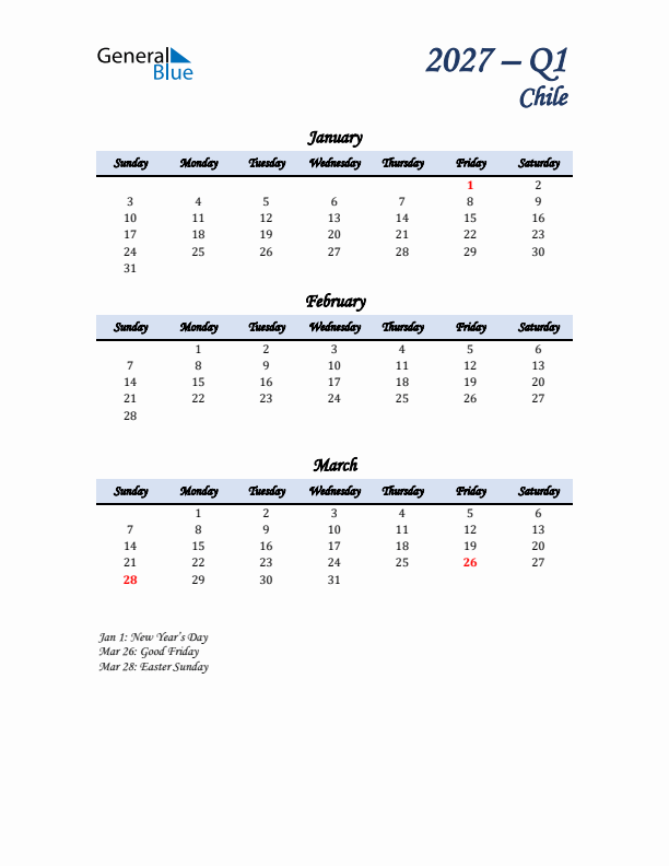 January, February, and March Calendar for Chile with Sunday Start