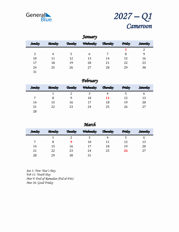 January, February, and March Calendar for Cameroon with Sunday Start