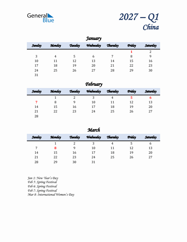 January, February, and March Calendar for China with Sunday Start