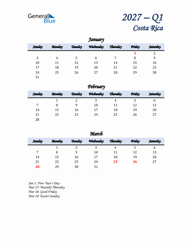 January, February, and March Calendar for Costa Rica with Sunday Start