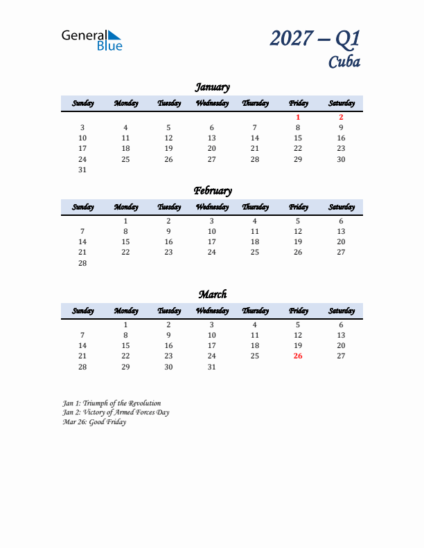 January, February, and March Calendar for Cuba with Sunday Start