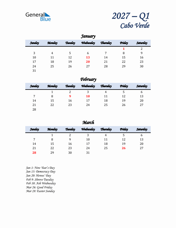 January, February, and March Calendar for Cabo Verde with Sunday Start