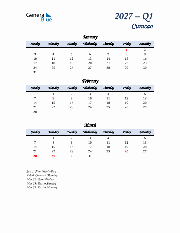 January, February, and March Calendar for Curacao with Sunday Start