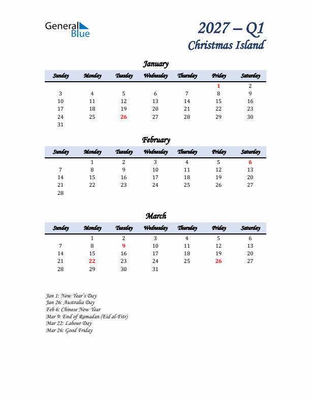 January, February, and March Calendar for Christmas Island with Sunday Start