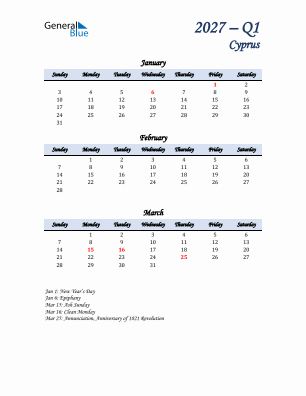 January, February, and March Calendar for Cyprus with Sunday Start