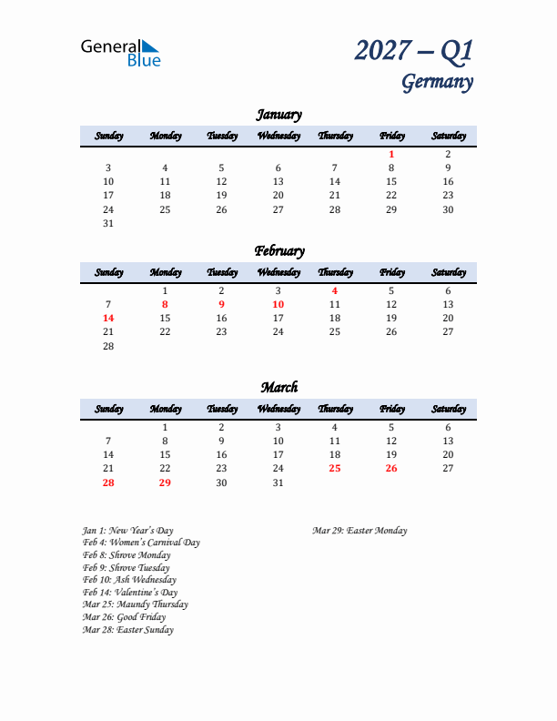 January, February, and March Calendar for Germany with Sunday Start