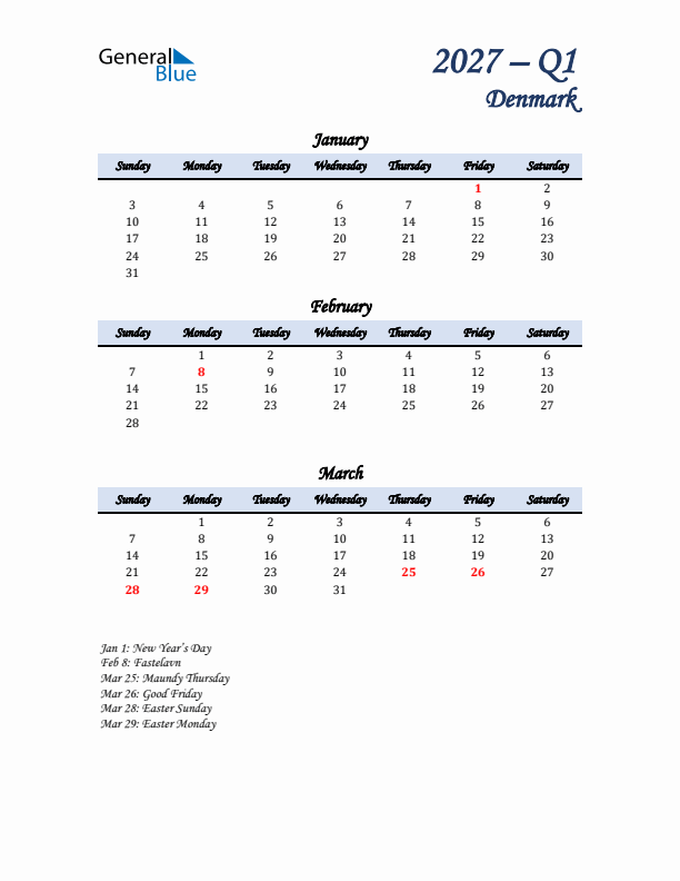 January, February, and March Calendar for Denmark with Sunday Start