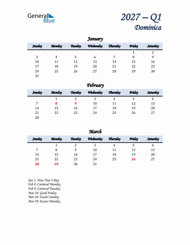 January, February, and March Calendar for Dominica with Sunday Start