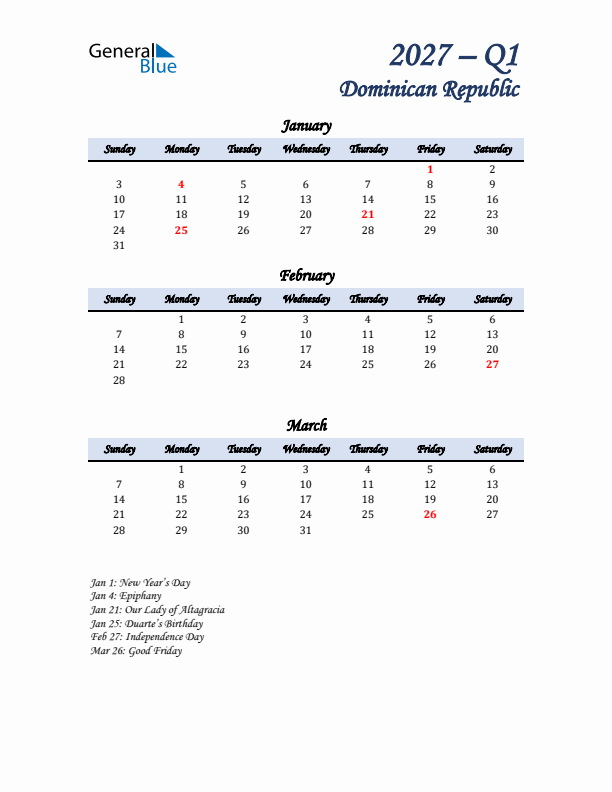 January, February, and March Calendar for Dominican Republic with Sunday Start