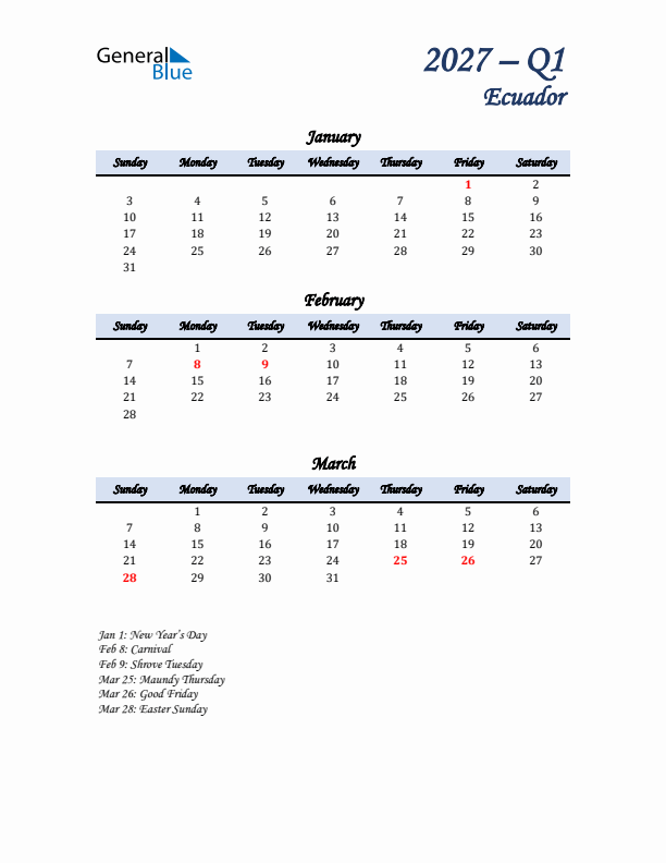 January, February, and March Calendar for Ecuador with Sunday Start