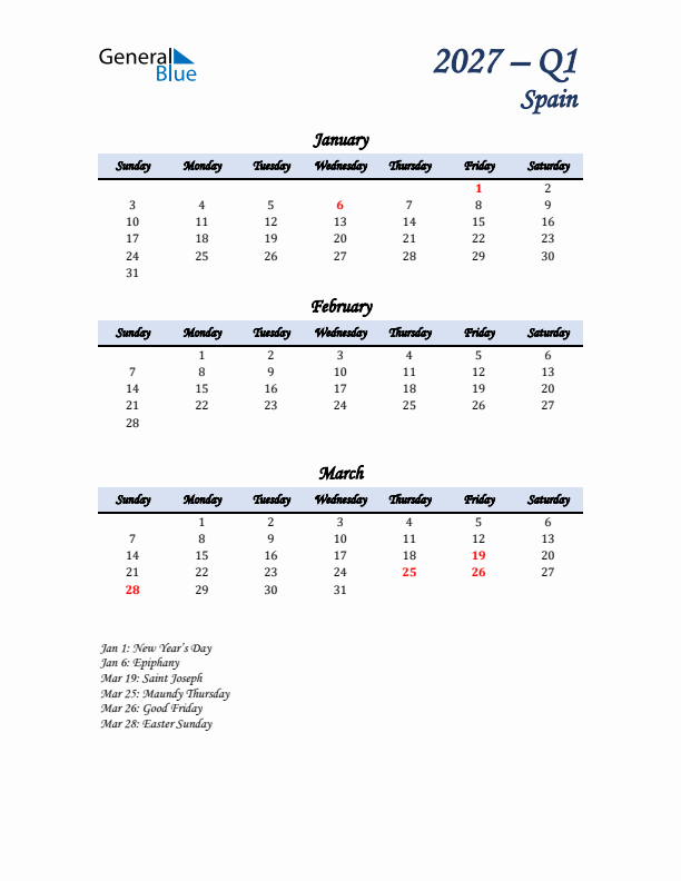 January, February, and March Calendar for Spain with Sunday Start