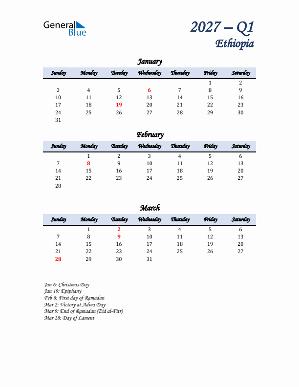 January, February, and March Calendar for Ethiopia with Sunday Start