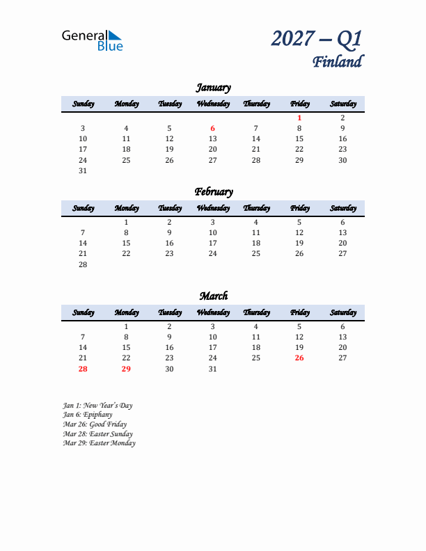 January, February, and March Calendar for Finland with Sunday Start