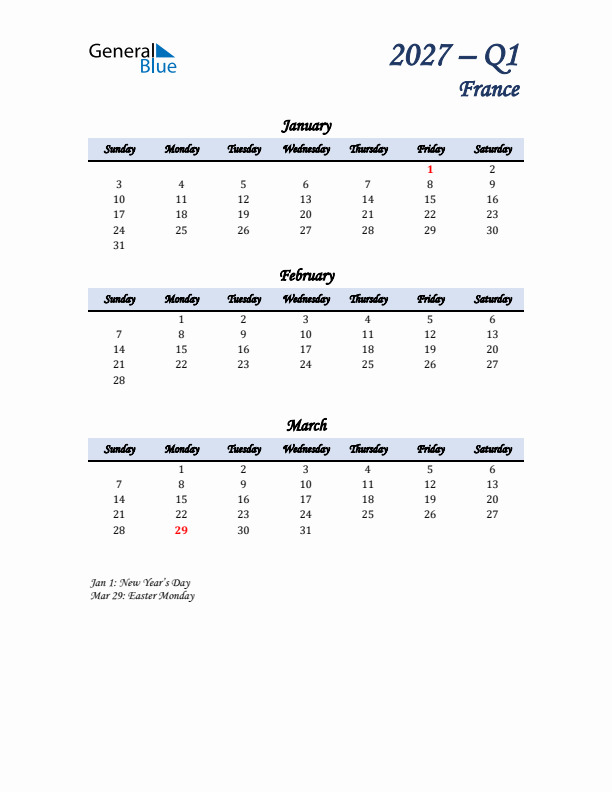 January, February, and March Calendar for France with Sunday Start