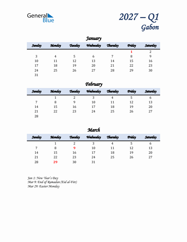 January, February, and March Calendar for Gabon with Sunday Start