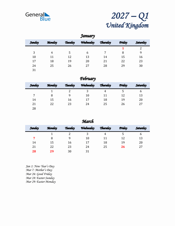 January, February, and March Calendar for United Kingdom with Sunday Start