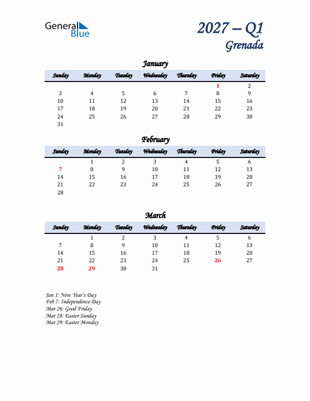 January, February, and March Calendar for Grenada with Sunday Start