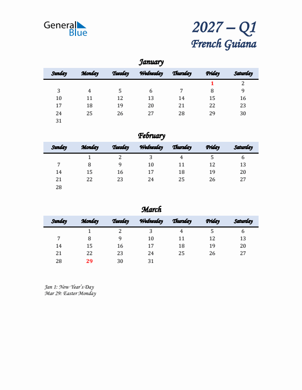 January, February, and March Calendar for French Guiana with Sunday Start