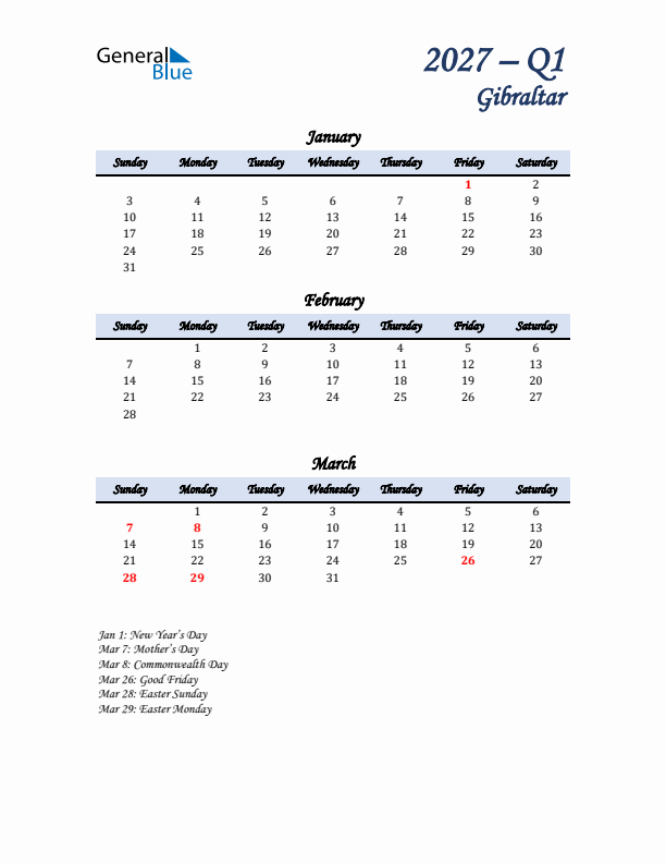 January, February, and March Calendar for Gibraltar with Sunday Start