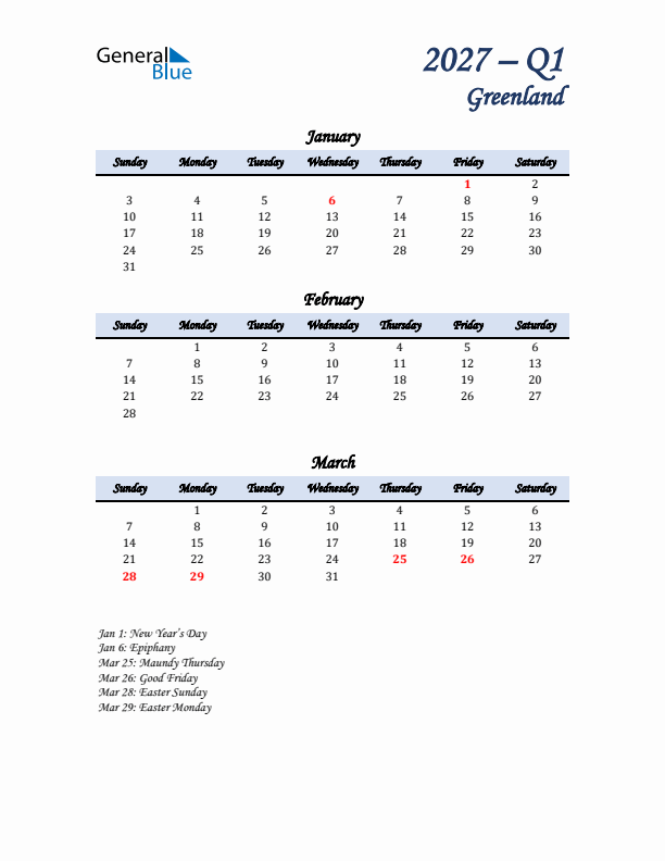 January, February, and March Calendar for Greenland with Sunday Start