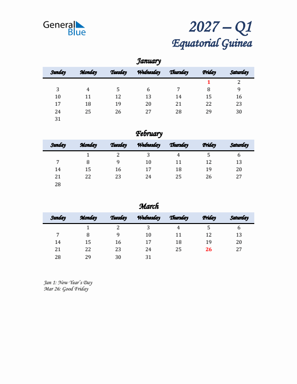 January, February, and March Calendar for Equatorial Guinea with Sunday Start