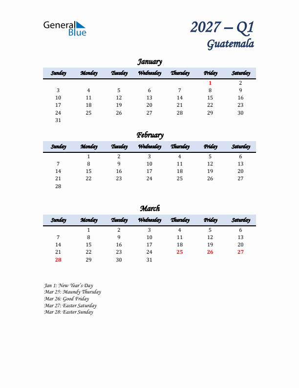 January, February, and March Calendar for Guatemala with Sunday Start